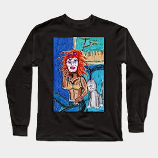 Gothic Woman and Her Cat Long Sleeve T-Shirt